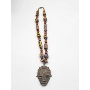 VTG Signed VOGUE African Mask Painted Beaded Pendant Necklace RARE